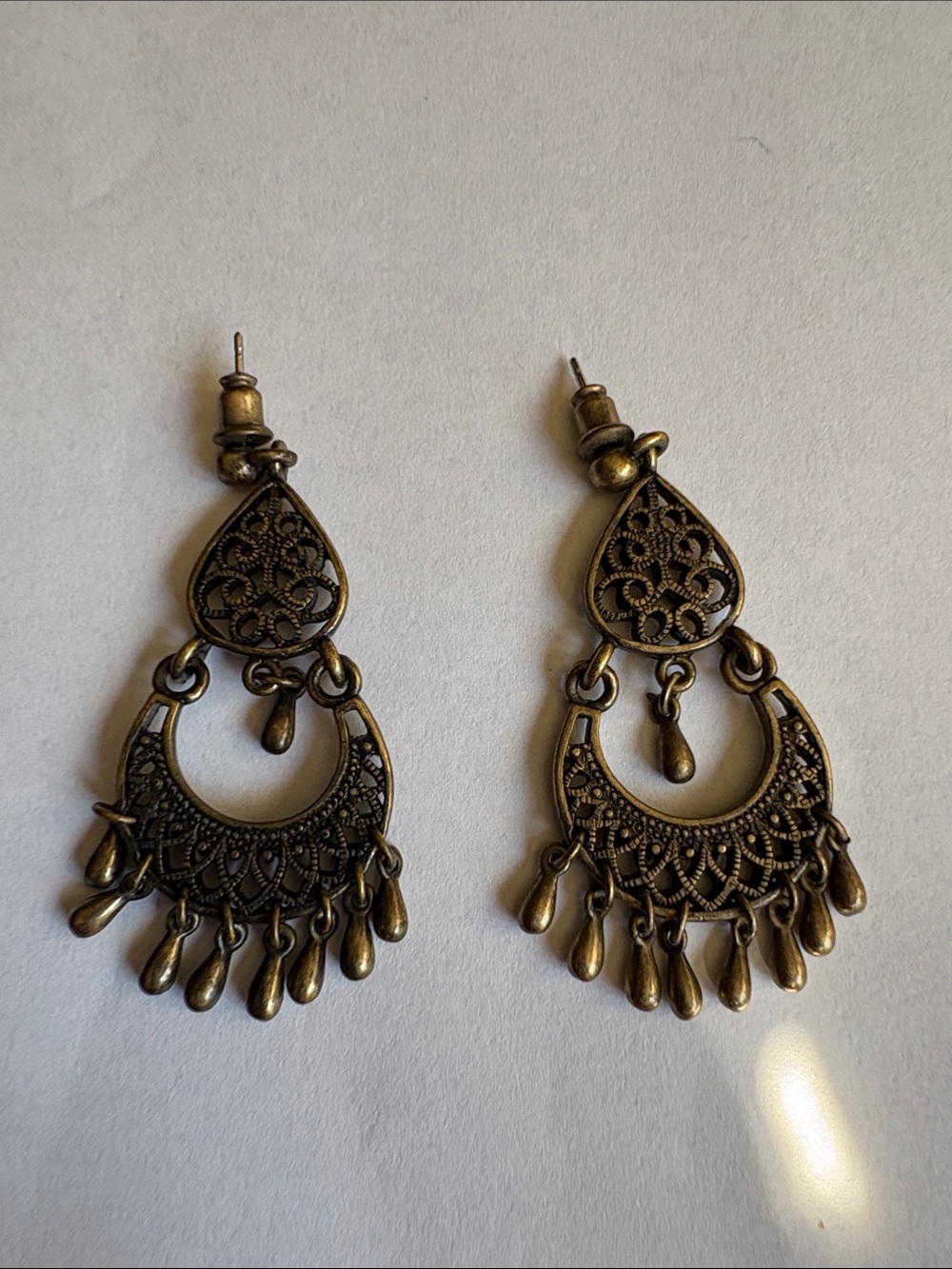 Antique-Style Filigree Teardrop Dangle Earrings in Brass Tone